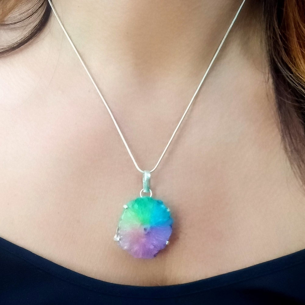 Rainbow Quartz Gemstone Druzy Necklace Sterling Silver 925 - Picture 2 of 4
